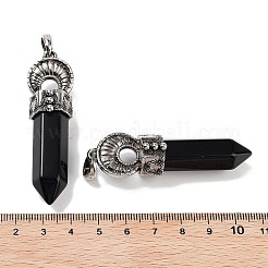 天然黒曜石の尖った大きなペンダント  ラックメッキを施したファセット加工の弾丸チャーム、アンティークシルバーメッキ合金ホーン  61~62x17.5x16mm  穴：7x6.5mm&nbsp;G-Q163-02AS-01