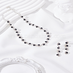 合金ラインストーンネックレス＆スタッドピアスセット  フラットラウンド  ジェット  43.5x7mm&nbsp;SJEW-LP0001-47B