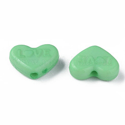 不透明なアクリルビーズ  染め  単語「love」付けのハート  ミディアムシーグリーン  10x13.5x4.5mm  穴：1.8mm  約2300個/500g&nbsp;MACR-S373-128-S09