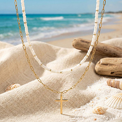 Beach Vacation Style Stainless Steel Religion Cross Pendant Natural White Jade Heishi Beaded Double Layer Necklaces for Women&nbsp;QG1443