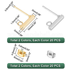 304ステンレススチールスタッドピアス金具  ループとイヤーナット付き  長方形  ゴールデン·ステンレス鋼色  10x2x2mm  穴：1.5mm  ピン：0.8mm&nbsp;STAS-UN0003-03