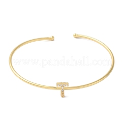 Rack Plating Brass Micro Pave Clear Cubic Zirconia Letter Open Cuff Bangles&nbsp;BJEW-A018-01G-T