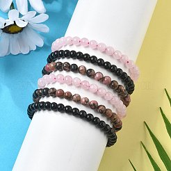 3Pcs 3 Style Natural Rhodonite & Black Agate & Rose Quartz Round Beaded Stretch Bracelets Set&nbsp;PW23030761414
