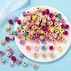 420個2スタイルの天然木プリントビーズ  水平穴  染め  頭文字を持つキューブ  ミックスカラー  10x10x10mm  穴：3~4mm  210個/スタイル&nbsp;WOOD-LS0001-31