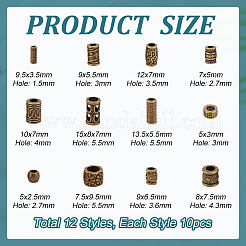 120個 12スタイル チベットスタイル 合金チューブビーズ  コラム＆バレル＆ロンデル  アンティークブロンズ  4.5~15x3.5~9.5mm  穴：1.5~5.5mm  10個/スタイル&nbsp;FIND-PH0020-80