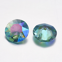カット加工ガラスラインストーンチャーム  模造オーストリアのクリスタル  フラットラウンド  アクアマリン  12x6mm  穴：1.5mm&nbsp;RGLA-F051-12mm-202PS