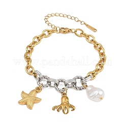 Duo Tone Ocean 304 Stainless Steel Sea Animals Charm Bracelets with Imitaiton Pearl for Women&nbsp;SA-CBA717A-06G-02