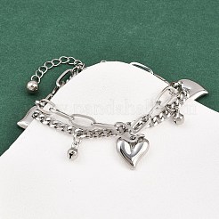 304ステンレススチールマルチ連ブレスレット  女性のためのチャームブレスレット  ハート  ステンレス鋼色  7-1/2インチ（18.9cm）&nbsp;BJEW-P365-02P