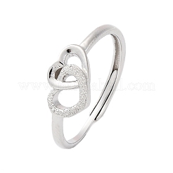 女性用スターリングシルバーカフリング925個  ハートへのハート  プラチナ  8mm  内径：17.5mm&nbsp;RJEW-U046-04P