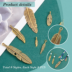64個8スタイルチベットスタイル合金チャーム  羽  ミックスカラー  19~61x4~17.5x2~5mm  穴：1~2mm&nbsp;PALLOY-PH0022-24