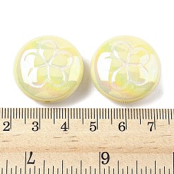 UVメッキアクリルビーズ2個。  虹色の  花付きフラットラウンド  エナメル  きいろ  24.5x10.5~11mm  穴：2.2mm&nbsp;FIND-C067-03A