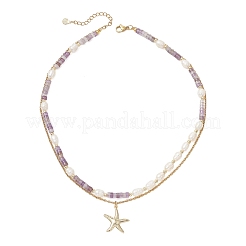 Natural Amethyst Heishi Beads and Rice Natural Pearl Beaded Double Layer 304 Stainless Steel Starfish Pendant Necklaces&nbsp;NJEW-JN05847-02