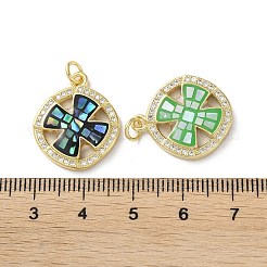 真鍮マイクロパヴェクリアキュービックジルコニアペンダント  カドミウムフリー＆鉛フリー  エナメル  貝殻と丸カン  18KGP本金メッキ  クロスとフラットラウンド  ミックスカラー  21x17.5x2.8mm  穴：3.6mm&nbsp;KK-C045-20G