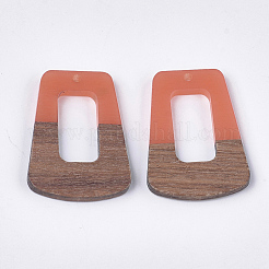 樹脂＆ウォールナットウッドペンダント  台形  サンゴ  37~37.5x27~27.5x3~3.5mm  穴：2mm&nbsp;X-RESI-S358-84H