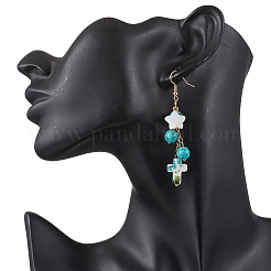 304 Stainless Steel Synthetic Turquoise Cross with Moon & Star Dangle Earrings&nbsp;EJEW-JE06516-02