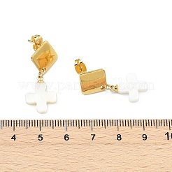 304ステンレススチール製スタッドダングルイヤリング  淡水貝の十字架ペンダント付き  ゴールドカラー  29~30x13.5mm&nbsp;EJEW-JE07161