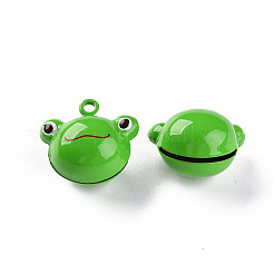 焼き付け塗装の真鍮ベルペンダント  カエル  ライムグリーン  19x21x14.5mm  穴：2mm&nbsp;X-KKB-S002-004