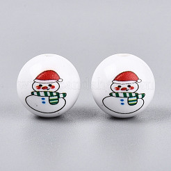 クリスマスプリントの不透明アクリル丸ビーズ  雪だるま  15.5~16mm  穴：3mm&nbsp;OACR-T029-08D