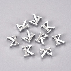 合金スライドチャーム  クリスタルラインストーン付き  文字L  プラチナ  文字.k  K：11.5x11x4.5mm  穴：2x8mm&nbsp;LS-PALLOY-WH0066-21K
