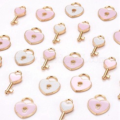 80本4スタイルアロイエナメルチャーム  ハートロック＆キー  ピンクと白  ライトゴールド  13~16x7~11x1.5~2.5mm  穴：3x4mm＆1.8mm  20個/スタイル&nbsp;ENAM-LS0001-11LG