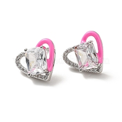 Left and Right Clear Cubic Zirconia Heart Stud Earrings with Enamel&nbsp;EJEW-C027-04P