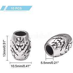 316ステンレススチールヨーロピアンビーズ  大穴ビーズ  オオカミとバレル  アンティークシルバー  13x10.5mm  穴：5.5mm  10個/箱&nbsp;STAS-UN0005-59