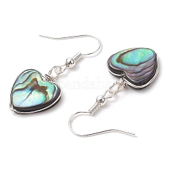アワビシェル/パウアシェルダングルピアス  真鍮のピアスフック付き  ハート  銀  36.5x15mm&nbsp;EJEW-JE06208
