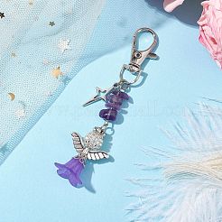 アングルアクリル＆合金ペンダント装飾  バッグの飾りに使える天然アメジストのチップと回転留め具のチャーム  94mm&nbsp;HJEW-MZ00084-05