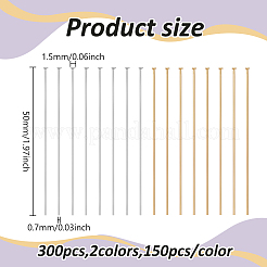 300個 2スタイル 304ステンレススチール フラットヘッドピン  ミックスカラー  50x0.6~0.7mm  ヘッド：1~1.5mm  150個/スタイル&nbsp;STAS-ME0003-15