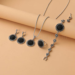 フラットラウンド合金ラインストーン＆樹脂ペンダントネックレス＆フープピアス＆リンクブレスレット＆リングセット  プラチナ  600mm&nbsp;FS-WGCB1A7-01