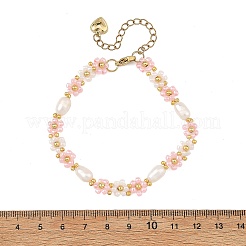 天然ライスパールフラワーガラスシードビーズブレスレット（女性用）  ゴールドカラー  ピンク  7.76インチ（19.7cm）&nbsp;BJEW-MZ00352