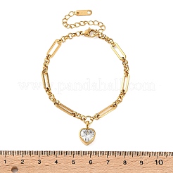 304ステンレススチール製キュービックジルコニアチャームブレスレット  女性用フィガロチェーンブレスレット  ゴールドカラー  ハート  7.09インチ（18cm）  ハート：15.5x10mm&nbsp;SA-CBA8C9C-06C-G