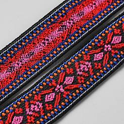 エスニックスタイルの刺繍フラットポリエステル弾性花ジャカードコード/バンド  ウェビング衣類縫製アクセサリー  濃いピンク  20mm&nbsp;OCOR-WH0082-271A