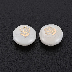 天然淡水シェルビーズ  金メッキ真鍮金属装飾付き  花付きフラットラウンド  貝殻色  8x3.5mm  穴：0.7mm&nbsp;SHEL-S278-055