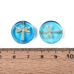 ベーキングペイント透明ガラスビーズ  フラットラウンド＆トンボ  ゴールドライン入り  ディープスカイブルー  17x4.5~5mm  穴：1.2mm&nbsp;DGLA-N018-30B