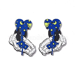 ハロウィンプリントアクリルパーツ  ハートチャーム付きスカル  ミディアムブルー  45x33x2.5mm  穴：2mm&nbsp;SACR-G023-A04