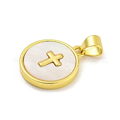 Rack Plating Brass Pave Nature Shell Cross Pendants&nbsp;KK-C074-34G