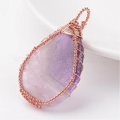 天然石アメジストペンダント  ティアドロップ  ローズゴールドトーン真鍮パーツ  48~55x30~32x10~12mm  穴：4~7x8~12mm&nbsp;G-K122-09RG