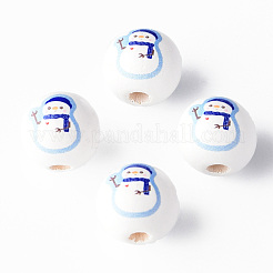 塗られた天然木の丸いビーズ  クリスマスのスタイル  雪だるま  ブルー  16x15mm  穴：4mm&nbsp;WOOD-N006-178