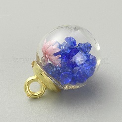 透明なガラスグローブペンダント  内側にドライフラワーと金色の腹筋プラスチック製ペンダントベイル付き。  ラウンドチャーム  藤紫色  21.5x16mm  穴：2.5mm&nbsp;GLAA-TAC0005-002E