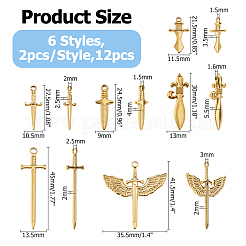 12pcs6スタイルのステンレス鋼のペンダント  剣のチャーム  18KGP本金メッキ  24.5~45x9~35.5x2~5.5mm  穴：1.5~3mm  2個/スタイル&nbsp;STAS-HS0001-28