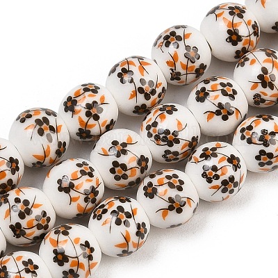 Handmade Flower Printed Porcelain Ceramic Beads Strands&nbsp;PORC-M007-10mm-04-1