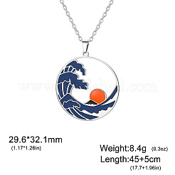 304ステンレススチール製エナメル加工ブルーの波模様と太陽モチーフのペンダントネックレス（女性用）  リング  ステンレス鋼色  17.72インチ（45cm）  ペンダント：29.6x32.1mm&nbsp;WGB8498-01