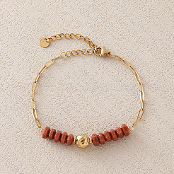 Synthetic Goldstone Hexagon Heishi Beads & 304 Stainless Steel Paperclip Chain Bracelets for Women&nbsp;SG1071-1