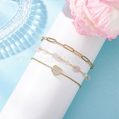 304 Stainless Steel Heart & Natural Morganite Nuggets Link Chain 3 Layer Stackable Necklaces&nbsp;BJEW-JB12459-03