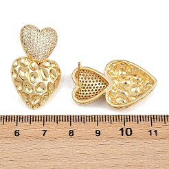 真鍮マイクロペーブクリアキュービックジルコニアダングルスタッドピアス  長持ちメッキ  ラックめっき  18KGP本金メッキ  ハート  31.5x20mm&nbsp;EJEW-L275-15G-01