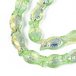 透明電気メッキガラスビーズ連売り  魚  ABカラーメッキ  半分メッキ  薄緑  15x8.1x5mm  穴：0.9~1mm  約55個/連  25.59''（65センチメートル）&nbsp;GLAA-T023-40A-08-1