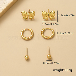 3ペアの甘い蝶結び真鍮ピアスセット  ゴールドカラー  5~12x16mm&nbsp;LE1434