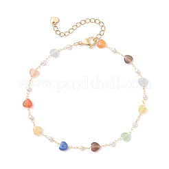 Colorful Cat Eye Heart & Plastic Pearl Beads Brass Link Chain Anklets&nbsp;AJEW-AN00729