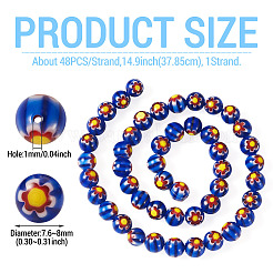 1連丸型ミルフィオリガラスビーズ連売り  ダークブルー  8mm  穴：1mm  約48個/連&nbsp;LK-TADJ0001-01B